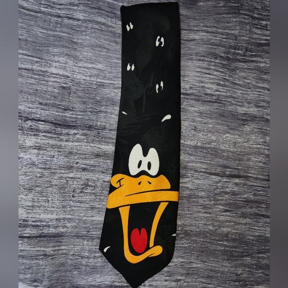 Vintage Looney Tunes Mania Tie Daffy‎ Duck Graphic Black Orange - Picture 1 of 8